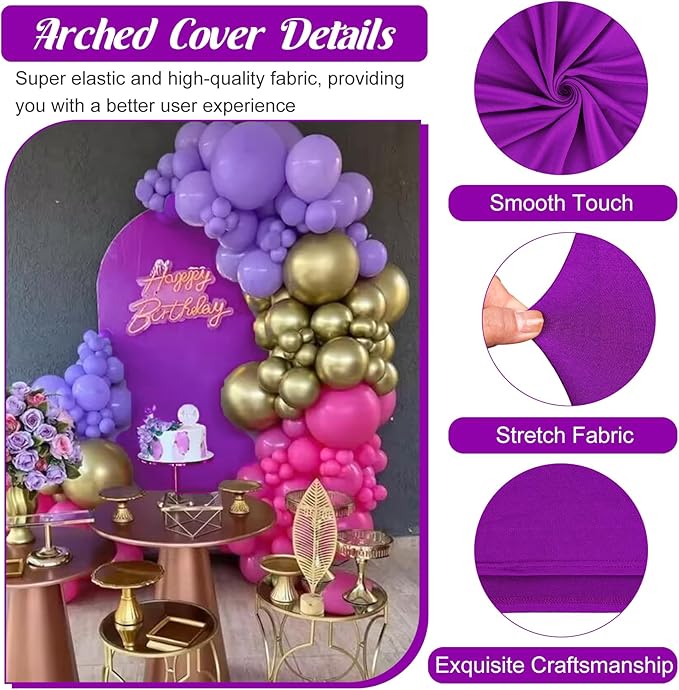 Metal Arch Stand and Cover Set,1 Purple Spandex Fitted Backdrop with 1 Gold Wedding Arched Stand Frame for Parties Birthday Baby Shower Bridal Banquet Decoration (7.2FT)