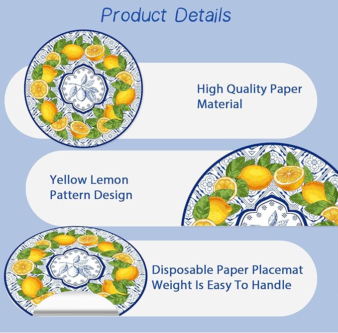50 Pack Lemon Paper Placemats Disposable 50 Pack 13.7 Inch Cyan Blue Tiles Lemon Fruit Round Place Mats Summer Table Mats for Kitchen Dining Party Decoration
