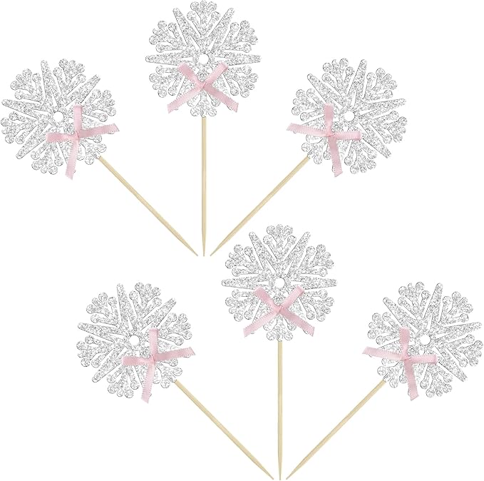 24Pcs Snowflake Cupcake Toppers Glitter Snowflake Cupcake Picks Frozen Pink Bow Snowflake Gender Reveal Cake Decors Baby Shower Gender Reveal Winter Theme Christmas Party Cake Decor Supplies