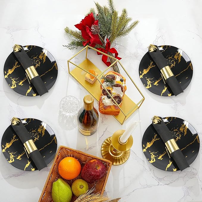 60 Pack Pre Rolled Gold Plastic Silverware Set,Wrapped Plastic Cutlery Set with Napkin Include 60 Forks,60 Spoons,60 Knives and 60 Black Napkins for Party, Wedding,Christmas