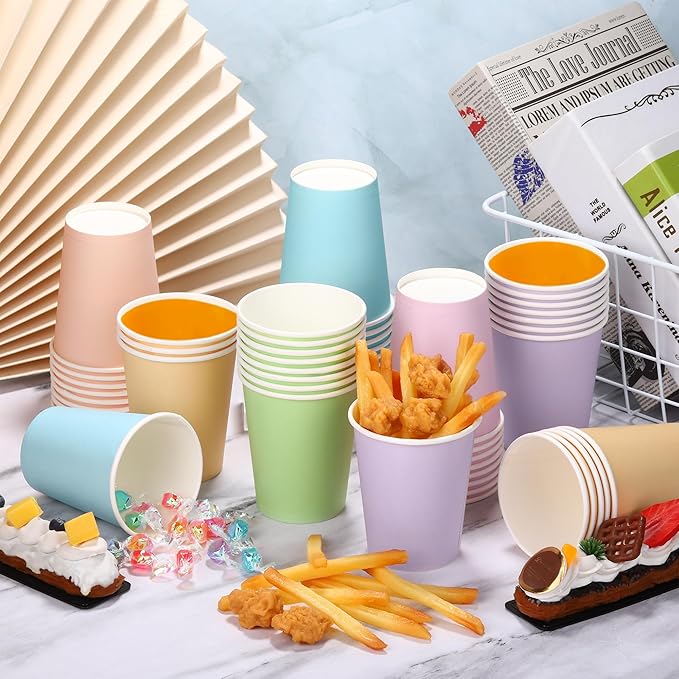 URATOT 120 Pieces 9 Ounce Disposable Paper Cups Pastel Rainbow Party Cups Drinking Cups for Party, DIY and Holiday, 6 Colors