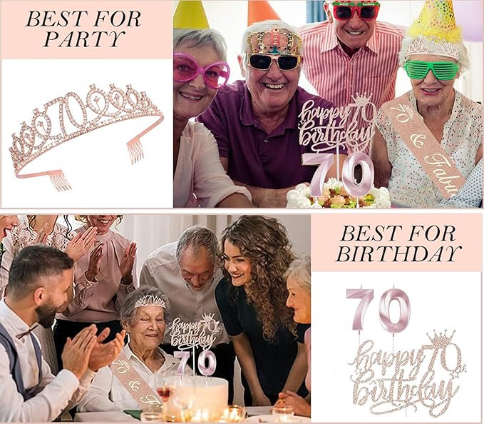 70th Birthday Gifts Decorations for Women, Including 70th Cake Toppers, Birthday Queen Sash with Pearl Pin, Sweet Rhinestone Tiara Crown, Number Candles and Balloons Set, Rose Gold