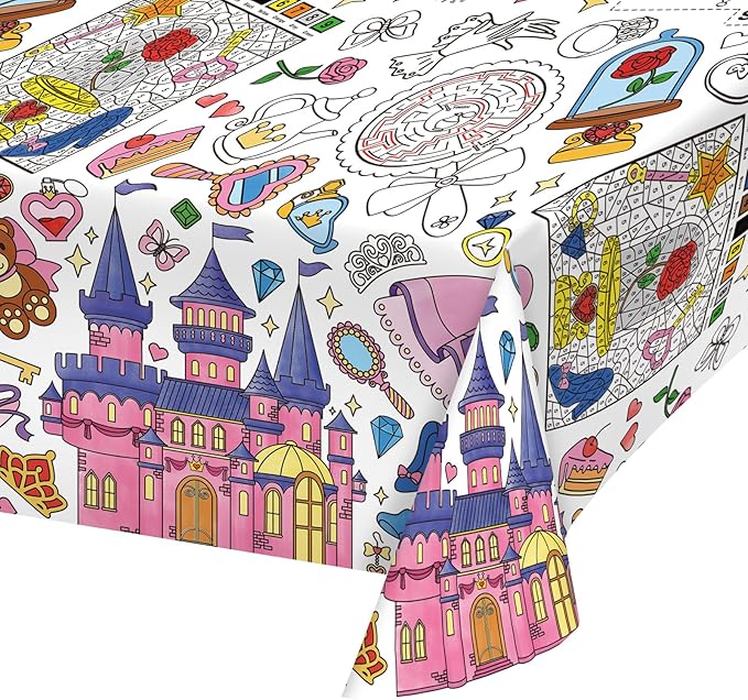 Gatherfun Princess Party Supplies Color-in Disposable Paper Tablecloth | 54x88 in Princess Party Decorations Set for Kids Birthday, School & Special Events
