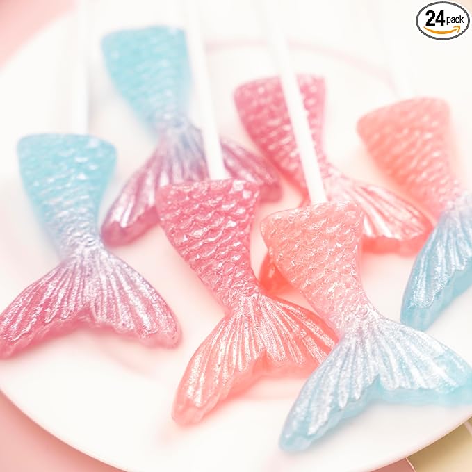 Mermaid Tail Lollipops 24pk, Individually Wrapped Mixed Fruit Flavor Colorful Gradient Candy Bulk, Ideal for Mermaid Themed Parties, Birthdays, Party Favors & Supplies
