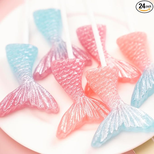 Mermaid Tail Lollipops 24pk, Individually Wrapped Mixed Fruit Flavor Colorful Gradient Candy Bulk, Ideal for Mermaid Themed Parties, Birthdays, Party Favors & Supplies