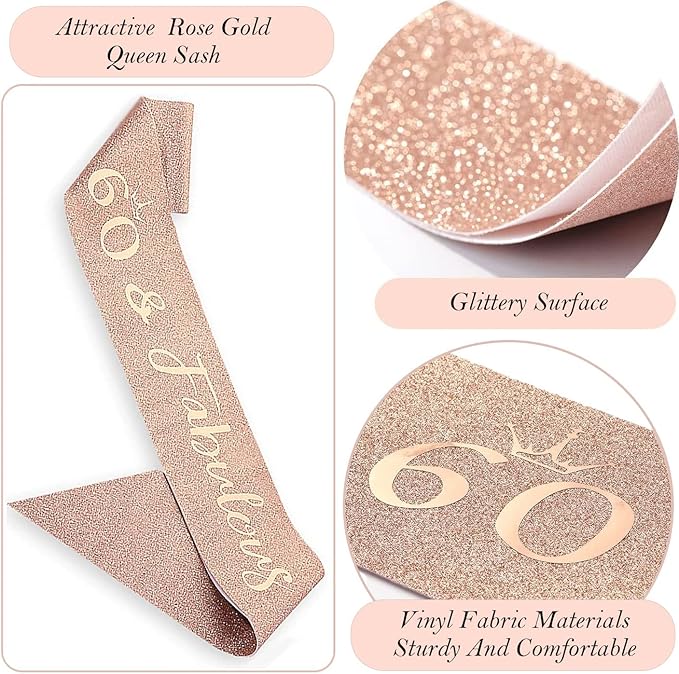 60th Birthday Decorations for Woman, 60th Birthday Sash and Crown, Cake Topper, Number Candles and Balloons,, 60 Year Old Gifts for Women