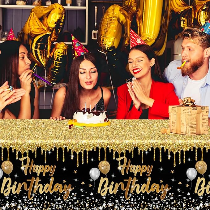 3 Pack Happy Birthday Tablecloths Black and Gold Tablecloth Plastic Table Cover Rectangular Birthday Table Cloth for Women Men Baby Shower Party Supplies