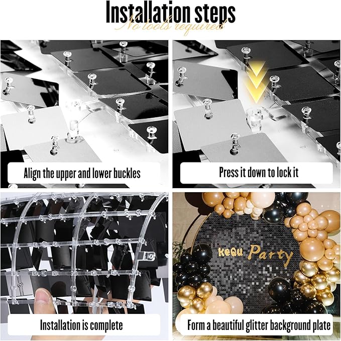 Shimmer Wall Sequin Backdrop, 48pcs Square Shimmer Wall Sequin Backdrop, DIY Party Shiny Decor for Wedding, Birthday, Anniversary, Graduation, Holiday&Home Background Supplies (Black)