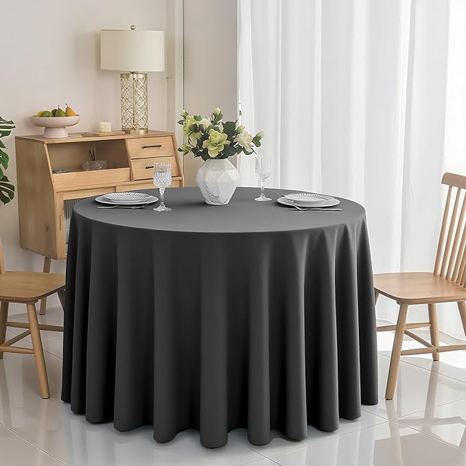 2-Pack Round 108-inch Grey Table Cloths, Solid Stain and Wrinkle Resistant Circular Tablecloth, Premium Plain Weave Polyester Fabric Table Linen Covers for Hotel, Banquet