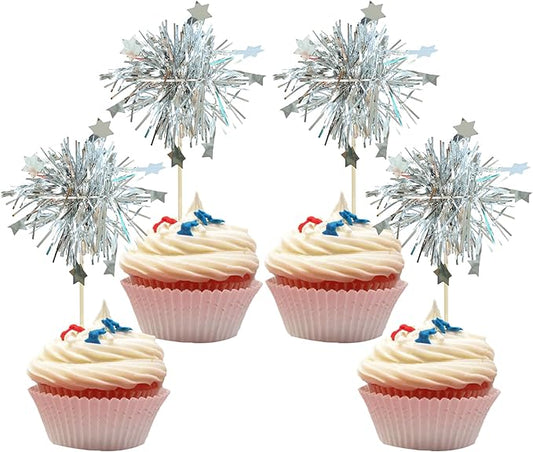 Gyufise 30Pcs Foil Firework Cupcake Toppers Sparkle Tinsel Star Cake Toppers Tinsel Drink Cake Decoration Cocktail Picks for Birthday Wedding Graduation Party Supplies Silver