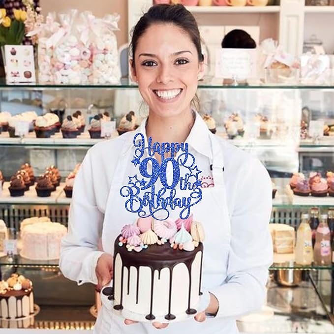 1 PCS Happy 90th Birthday Cake Topper Glitter Cheers to 90 Years Birthday Cake Pick Hello 90 Fabulous Cake Decoration for Happy 90th Birthday Anniversary Party Decorations Supplies Blue