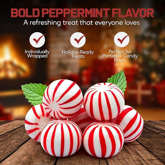 Peppermint Hard Candy 5 Pound Bulk Jumbo Peppermint Candy Balls, Approx 250 Individually Wrapped Mint Balls for Office Bowls, Christmas Candy Jars, and Holiday Party Favors