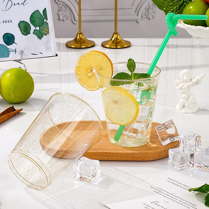 Goodluck 10 oz 50 PCS Gold Glitter Plastic Cups, Disposable Glitter Cups, Elegant Plastic Cocktail Glasses, Fancy Party Cups for Wedding, Birthday, Holiday