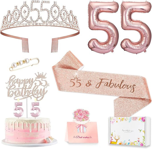 55th Birthday Decorations for Women, 55th Birthday Sash and Crown, Cake Topper, Number Candles and Balloons,, 55 Year Old Gifts for Women