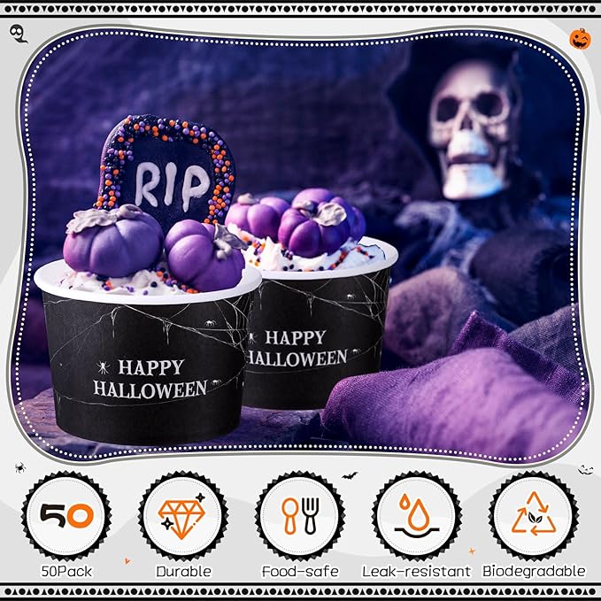50 Pack 9 oz Happy Halloween Disposable Paper Cups Spider Webs Disposable Soup Bowls Black Paper Snack Cups Halloween Party Supplies for Dessert Hot or Cold Food