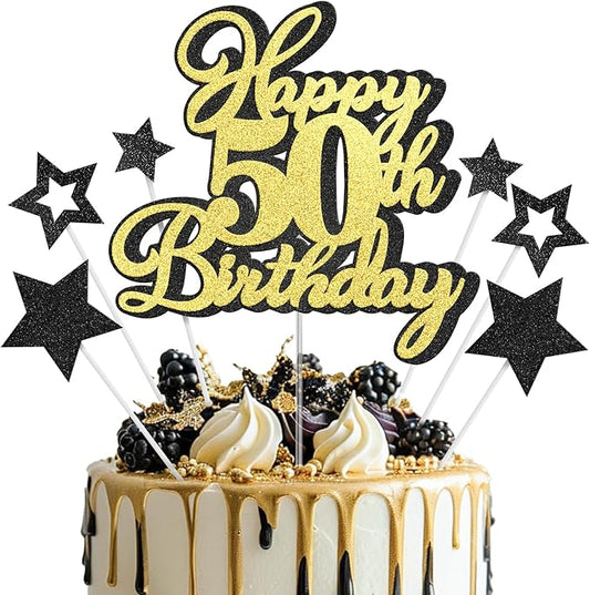 Happy 50th Birthday Cake Topper 50 Birthday Cake Decorations, Happy 50th Birthday Anniversary Party Cake Decorations for Men Women, Black Gold Glitter