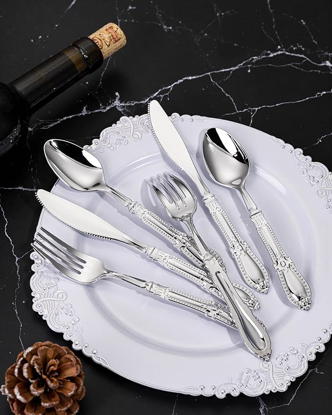 Nervure 150PCS Silver Plastic Silverware - Heavy Duty Disposable Cutlery Set, Luxury Silver Plastic Utensils include 50Pcs Forks, 50Pcs Spoons, 50pcs Knives Perfect for Wedding, Party, Daily Use