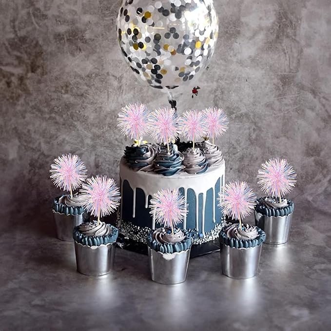 Ephlyn 30Pcs Foil Firework Cupcake Toppers Happy Birthday Cake Toppers Tinsel Flower Drink Stirrers Cocktail Food Fruit Toothpicks for Valentine's Day Party Decorations Pink