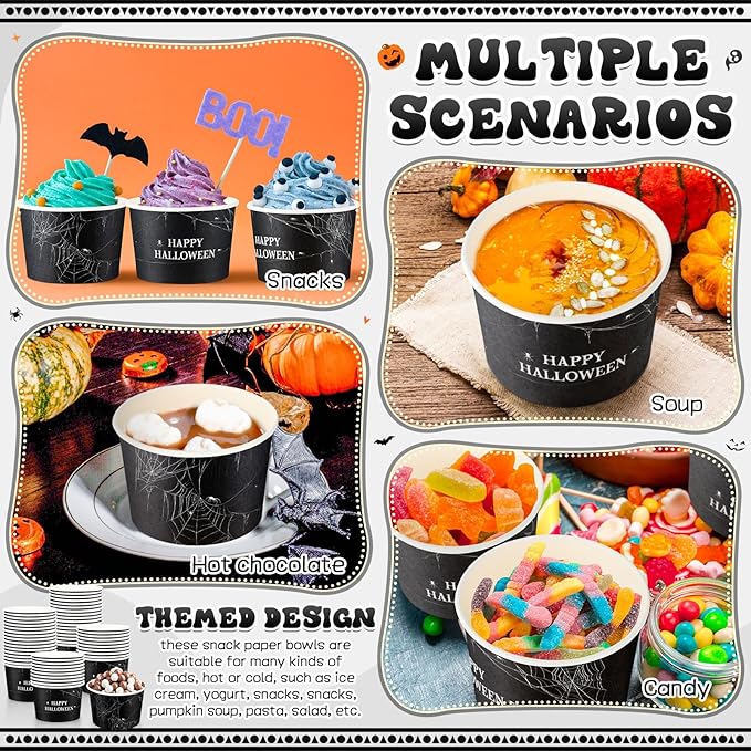 50 Pack 9 oz Happy Halloween Disposable Paper Cups Spider Webs Disposable Soup Bowls Black Paper Snack Cups Halloween Party Supplies for Dessert Hot or Cold Food