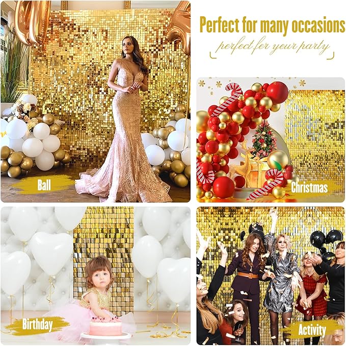 Shimmer Wall Sequin Backdrop, 48pcs Square Shimmer Wall Sequin Backdrop, DIY Party Shiny Decor for Wedding, Birthday, Anniversary, Graduation, Holiday&Home Background Supplies (Gold)