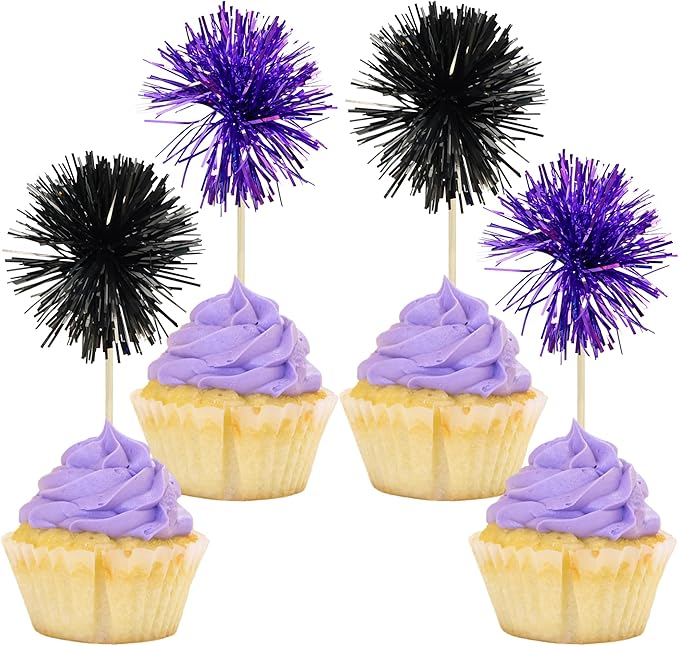 Gyufise 30Pcs Foil Firework Cupcake Toppers Sparkle Tinsel Cake Toppers Tinsel Drink Cake Decoration Cocktail Picks for Birthday Wedding Graduation Party Supplies Black Purple