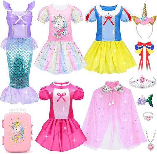 16 Pcs Princess Dress Up Clothes for Little Girl Role Play Costume Gift Set, Princess Mermaid Pretent Play Outfit Toys for Toddler Girls, Cosplay Birthday Party Gifts for Girls Age 3 4 5 6 7+ Year Old