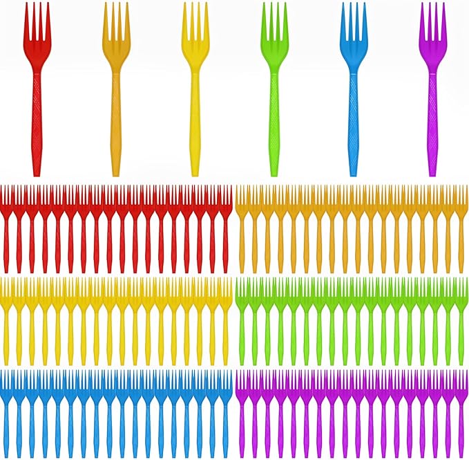 420 Pcs Rainbow Disposable Plastic Forks Bulk - Colorful Cutlery for Parties, Picnics, Weddings & Events (6 Vibrant Colors, 70 Each)
