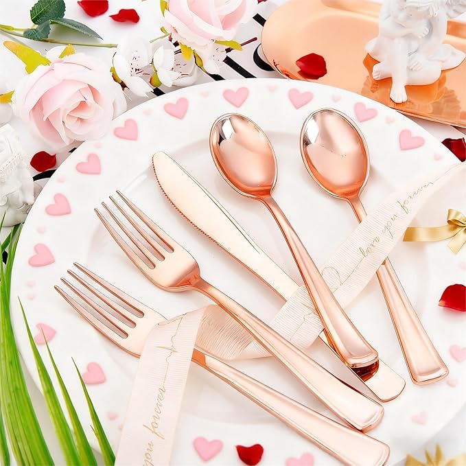 Liacere 100Pack Rose Gold Plastic Silverware - Pre Rolled Napkins with Rose Gold Cutlery - Wrapped Silverware Set Disposable100 Forks Knives Spoons Wrapped Utensils for Wedding＆Valentine's Day