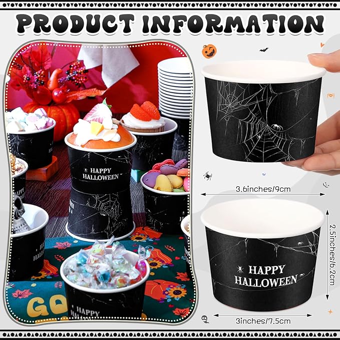 50 Pack 9 oz Happy Halloween Disposable Paper Cups Spider Webs Disposable Soup Bowls Black Paper Snack Cups Halloween Party Supplies for Dessert Hot or Cold Food
