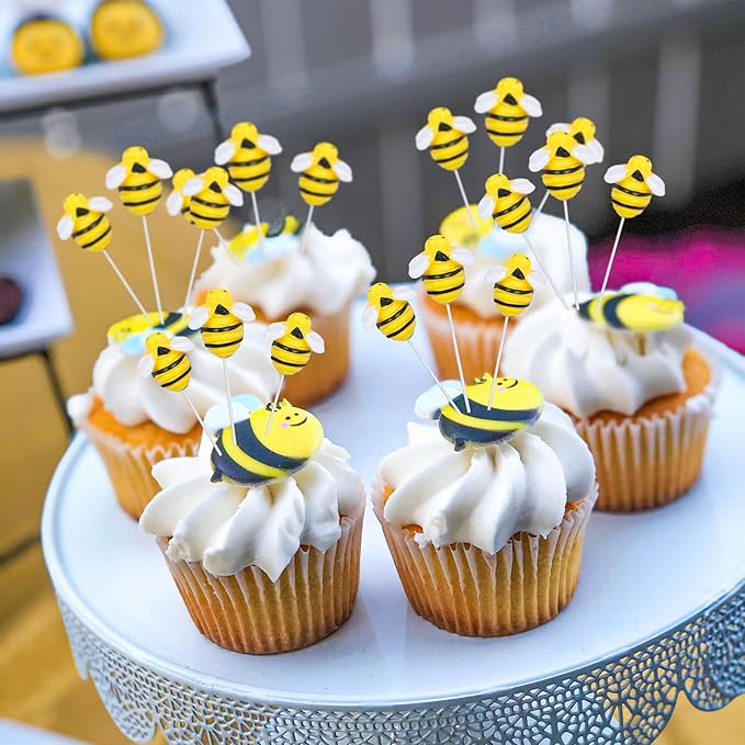 25Pcs Bumble Bee Cupcake Toppers Resin Little Figurine Bee Cupcake Picks Oh Babee Cake Decorations for Bee Theme Baby Shower Kids Boys Girls Birthday Party Decoration Supplies