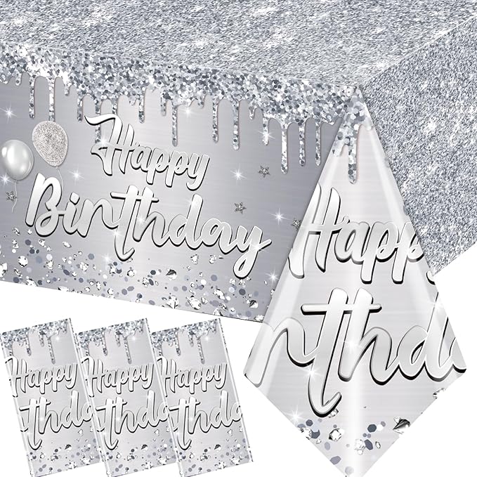 Happy Birthday Tablecloth,3pcs Sliver Table Cloths for Parties Glitter Sliver Birthday Decoration for Women Men’s 18th 21st 30th 40th 60th 70th Birthday Party Supplies
