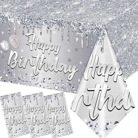 Happy Birthday Tablecloth,3pcs Sliver Table Cloths for Parties Glitter Sliver Birthday Decoration for Women Men’s 18th 21st 30th 40th 60th 70th Birthday Party Supplies