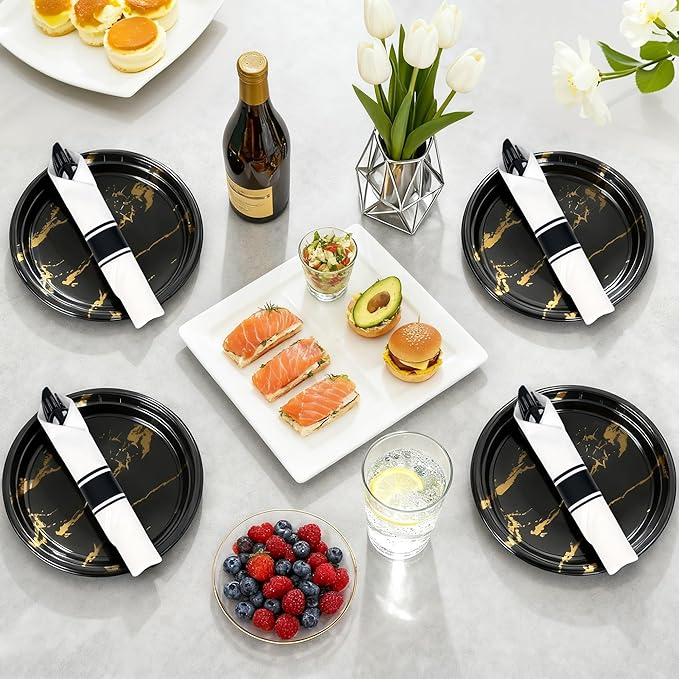 50 Pack Pre Rolled Black Plastic Silverware Set,Wrapped Plastic Cutlery Set with Napkin Include 50 Forks,50 Spoons,50 Knives and 50 White Napkins for Party,Wedding,Christmas