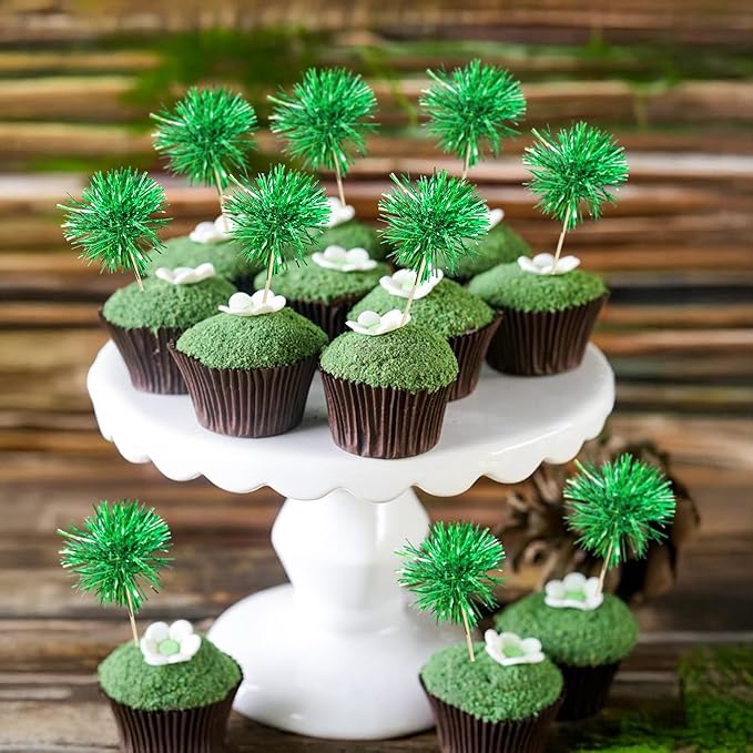 Ephlyn 30Pcs Foil Firework Cupcake Toppers Party Birthday Cake Toppers Supplies Sparkle Tinsel Cocktail Fruit Toothpick for Birthday Wedding Graduation Party Supplies Green