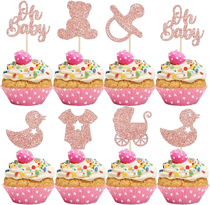 Gyufise 36Pcs Baby Shower Cupcake Toppers Glitter Pacifier Baby Carriage Bear Oh Baby Cupcake Picks for Gender Reveal Baby Shower Kids Birthday Party Supplies Rose Gold