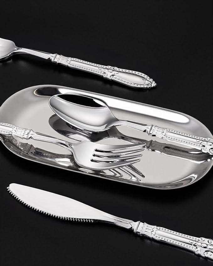 Nervure 300PCS Silver Plastic Silverware - Heavy Duty Disposable Cutlery Set,Luxury Silver Plastic Utensils include 100Pcs Forks, 100Pcs Spoons, 100pcs Knives Perfect for Wedding,Party,Daily Use