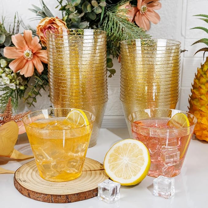 I00000 100pcs Gold Plastic Cups - 9 OZ Hard Gold Glitter Disposable Cups for Cocktail And Drinking - Premium Disposable Plastic Cups with Gold Glitter for Fancy Wedding & Elegant Party Cups