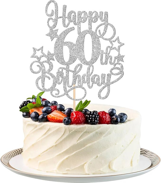 1 PCS Happy 60th Birthday Cake Topper Glitter Cheers to 60 Years Birthday Cake Pick Hello 60 Fabulous Cake Decoration for Happy 60th Birthday Anniversary Party Decorations Supplies Silver