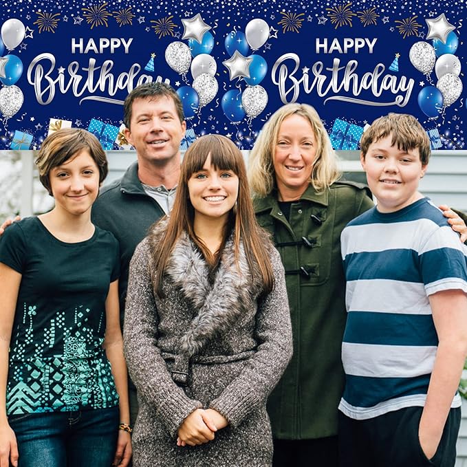 DUAIAI Happy Birthday Decorations, 1 Pcs Navy Blue and Silver Birthday Tablecloth for Boys Girls Men Women, Plastic Disposable Rectangle Table Cover for Birthday Party Supplies- 54" x 108"