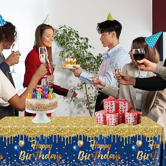 Happy Birthday Tablecloth,3pcs Navy Blue and Gold Table Cloths for Parties Glitter Birthday Decoration for Women Men’s 18th 21st 30th 40th 60th 70th Birthday Party Supplies