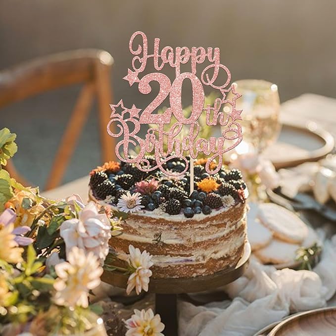 1 PCS Happy 20th Birthday Cake Topper Glitter Cheers to 20 Years Birthday Cake Pick Hello 20 Fabulous Cake Decoration for Happy 20th Birthday Anniversary Party Decorations Supplies Rose Gold