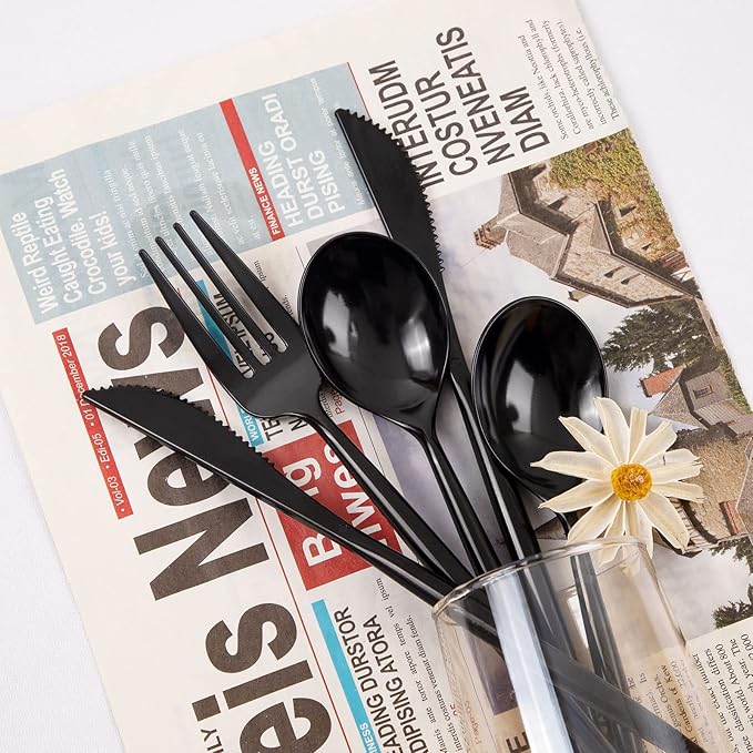 Supernal 180pcs Black Plastic Silverware Heavy Duty Black Party Cutlery Disposable Plastic Forks and Spoons Disposable Utensils Flatware Include 60 Forks,60 Knvies,60 Spoons