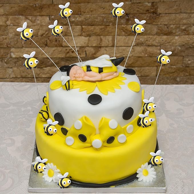 24Pcs Bumble Bee Cupcake Toppers Little Figurine Bee Cupcake Picks Oh Babee Cake Decorations for Bee Theme Baby Shower Kids Boys Girls Birthday Party Decoration Supplies
