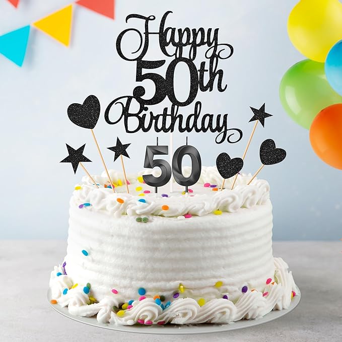 50th Birthday Cake Decorations, 50th Birthday Candles Cake Numeral Candles and Glitter Happy 50th Birthday Cake Toppers Set for Birthday Party Supplies (Black)