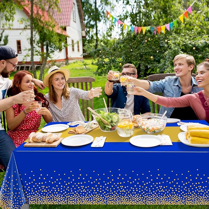 MASHAN 1Pcs Blue Gold Tablecloth Party Decorations,Plastic Royal Blue Table Cloth Printed Gold Table Runner Disposable Rectangle Cover for Birthday Anniversary Wedding Graduation Party,54 x108 Inch