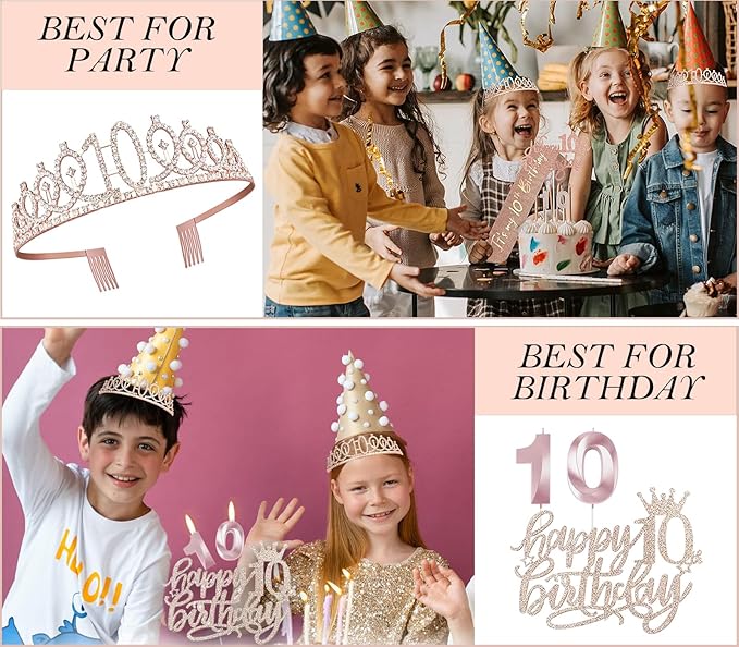 10th Birthday Decorations for Girl, 10th Birthday Sash and Crown, Cake Topper, Number Candles and Balloons, 10 Year Old Gifts for Girls