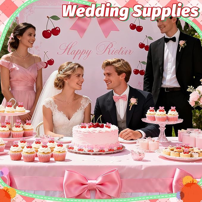 24 PCS Cherry Cupcake Toppers Pink Bow Cake Toppers Bowknot Cupcake Topper Ring She's the Cherry On Top Cake Decoration for Birthday Baby Shower Wedding Bridal Shower Party Supplies