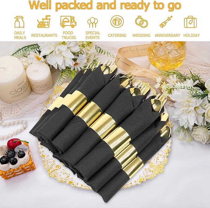 50 Pack Pre Rolled Gold Plastic Silverware Set,Fancy Wrapped Plastic Cutlery Set with Napkin Include 50 Forks,50 Spoons,50 Knives and 50 Black Napkins for Party, Wedding,Christmas
