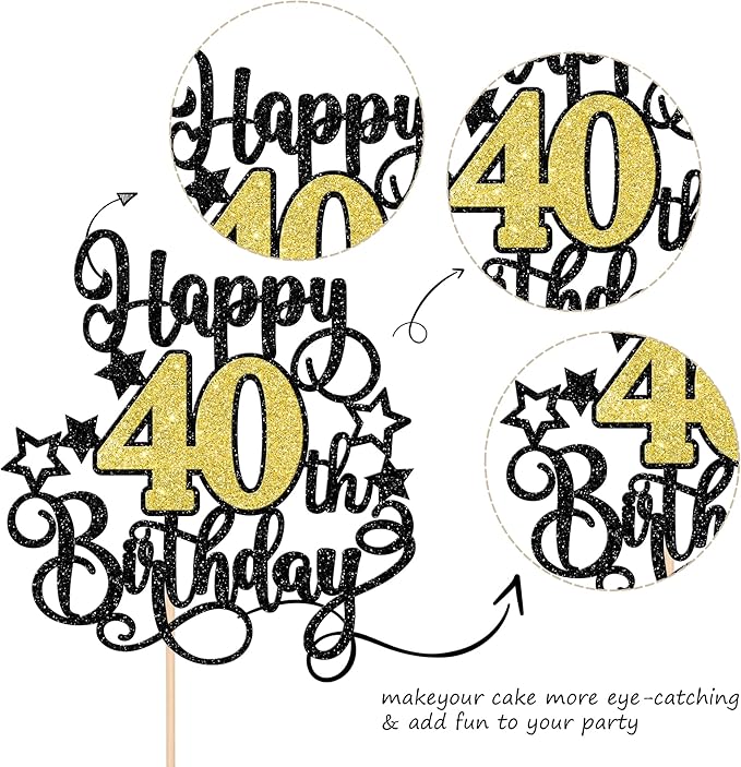 1 PCS Happy 40th Birthday Cake Topper Black Gold Glitter Cheers to 40 Years Birthday Cake Pick Hello 40 Fabulous Cake Decoration for Happy 40th Birthday Anniversary Party Decorations Supplies