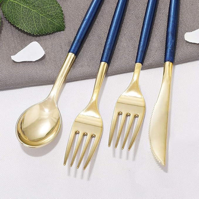 Supernal 180pcs Gold and Blue Plastic Silverware,Gold Plastic Flatware with Blue Glitter Handle,Disposable Cutlery for Party,Unique Disposable Utensils Suit for Party,Birthday,Wedding